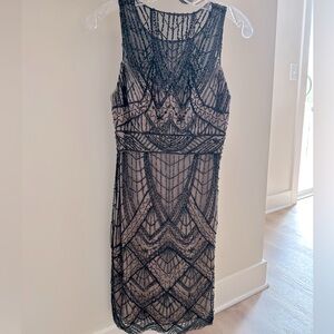 Formal cocktail dress, nude layer with black mesh, beaded overlay